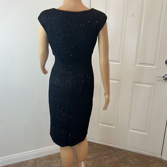 Alfani Size 6 Dress Black Silver Diamond Sparkle V Neck Sleeveless Ruched Midi - Picture 7 of 11